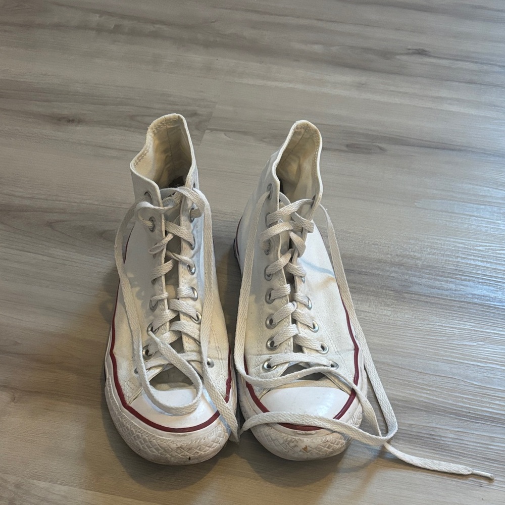 Converse White High-Tops with Red and Blue Details